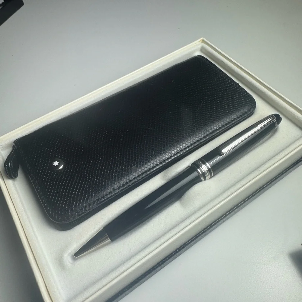 Mont Blanc Black Textured Leather Pencil Case with Black Ballpoint Pen